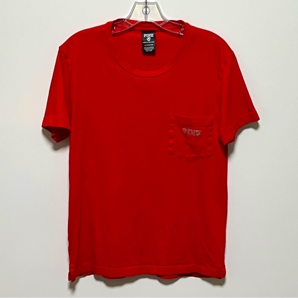 Pink Victoria Secret Red Gold Glitter dog Logo Short Sleeved campus pocket tee